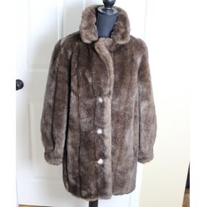 Vintage Country Pacer Faux Fur Coat Brown Button Front Collared Winter Outerwear